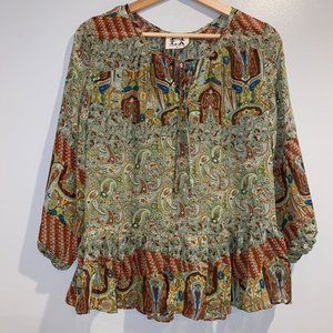 PPLA Peasant Blouse Paisley Green Brown Blue Small Women Boho Ladies Ruffle Shee